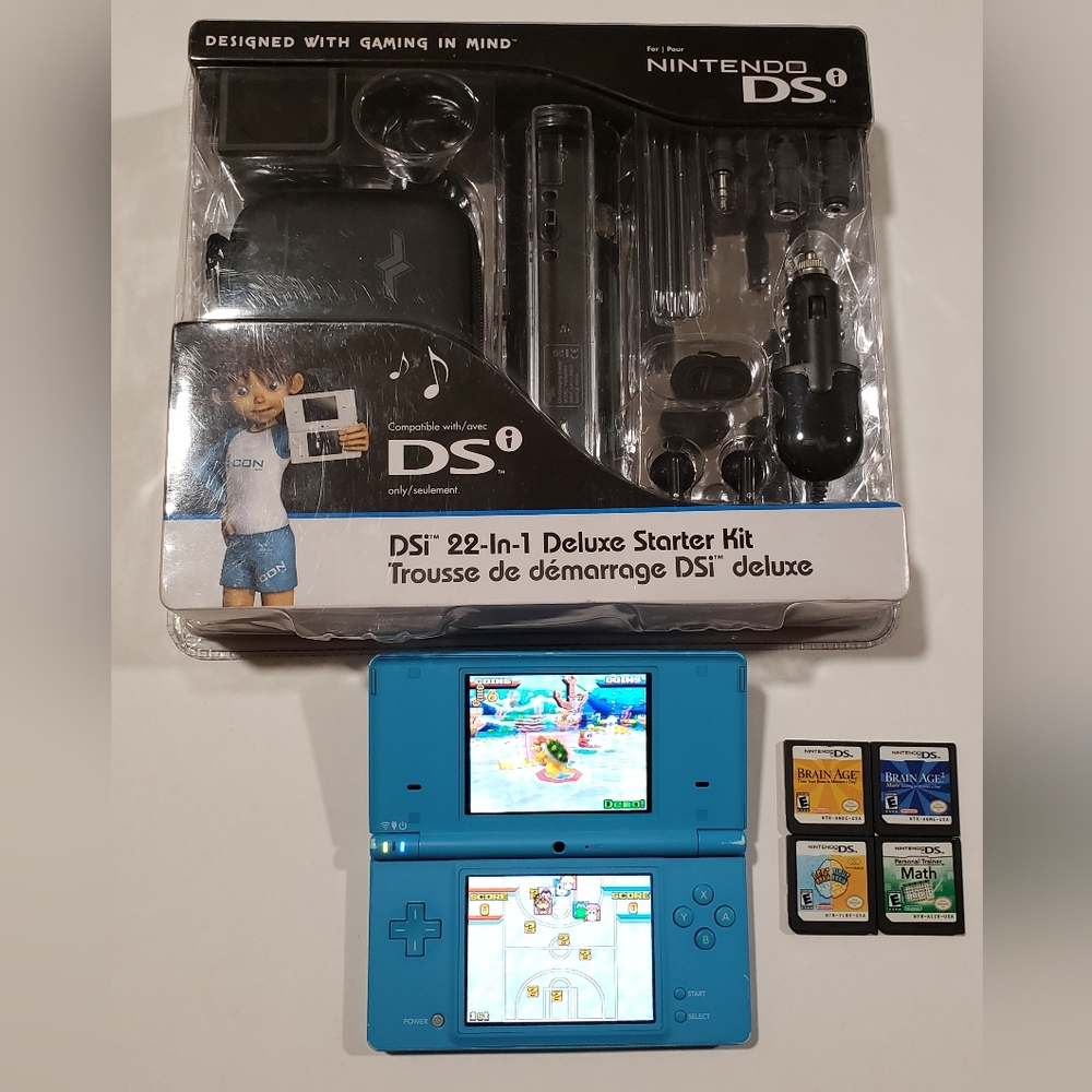 Nintendo DSi Blue Console Bundle + 5 Games & New 22-in-1 Accessory Kit (Tested)